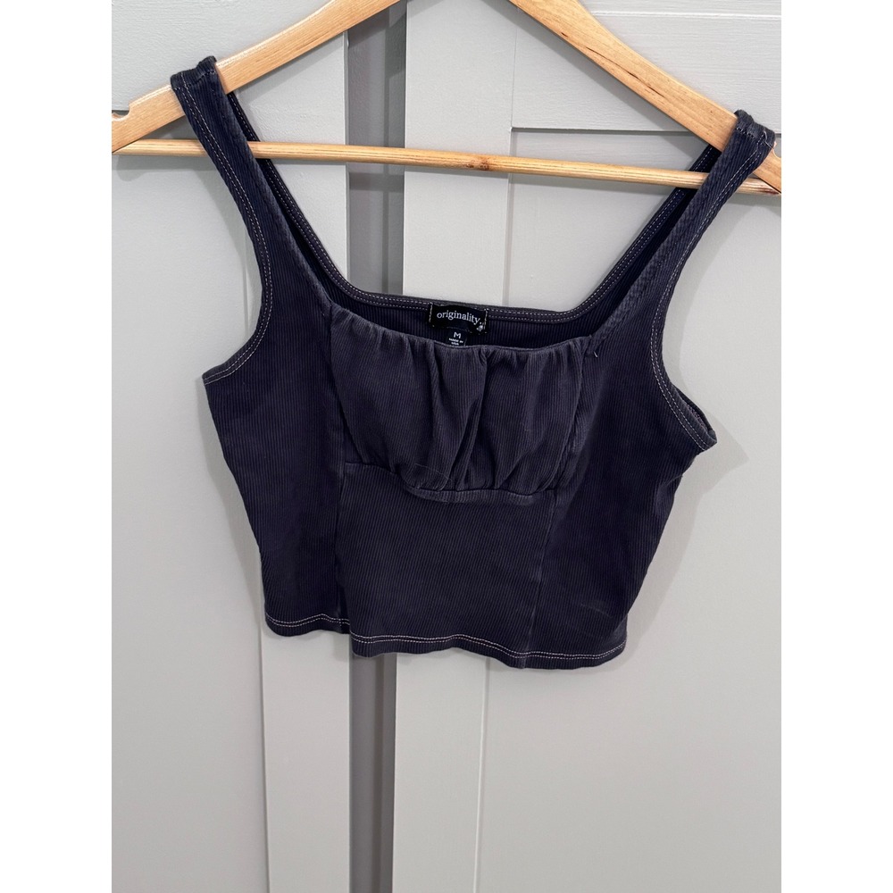 Originality Ribbed Crop Tank Top Charcoal Grey Cinched Bust Contrast Stitch M